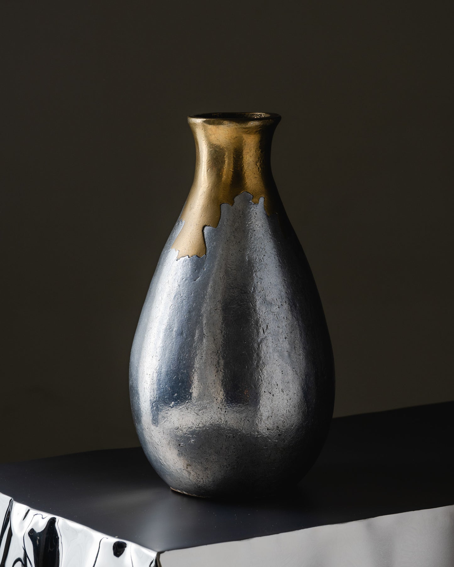 BRONZE AND CAST ALUMINUM VASE, PHILIPPE JEAN, 1970s 
