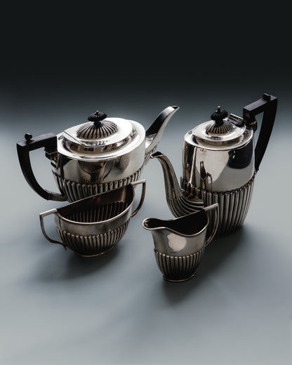 RESERVED-SZKLO STUDIO - SILVER-PLATED METAL TEA AND COFFEE SERVICE, SHEFFIELD, 1950s