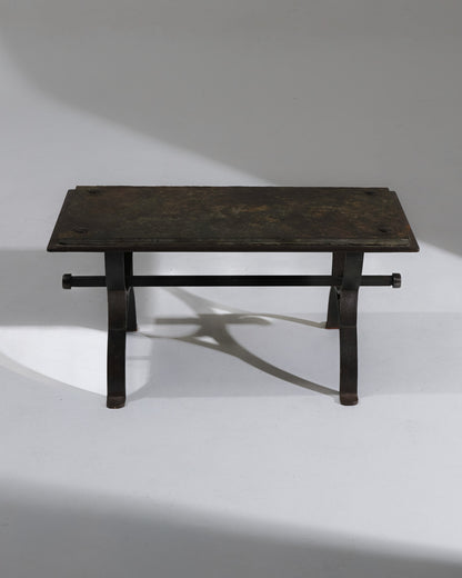WROUGHT IRON AND SLATE COFFEE TABLE, 1950s