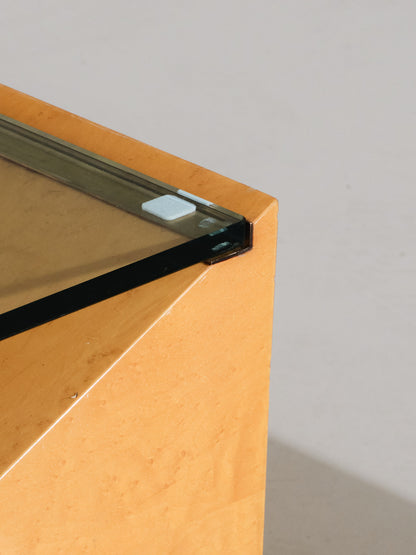 Elm burl and glass coffee table, Roche Bobois, 1980s