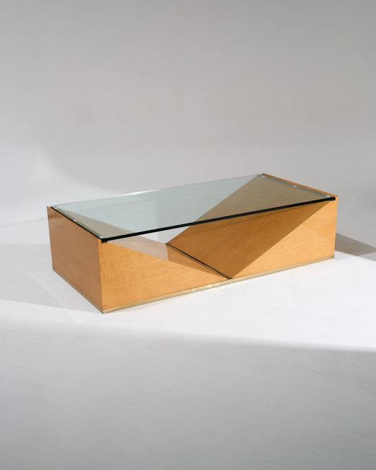 TABLE BASSE EN LOUPE D'ORME ET VERRE, ROCHE BOBOIS, 1980s