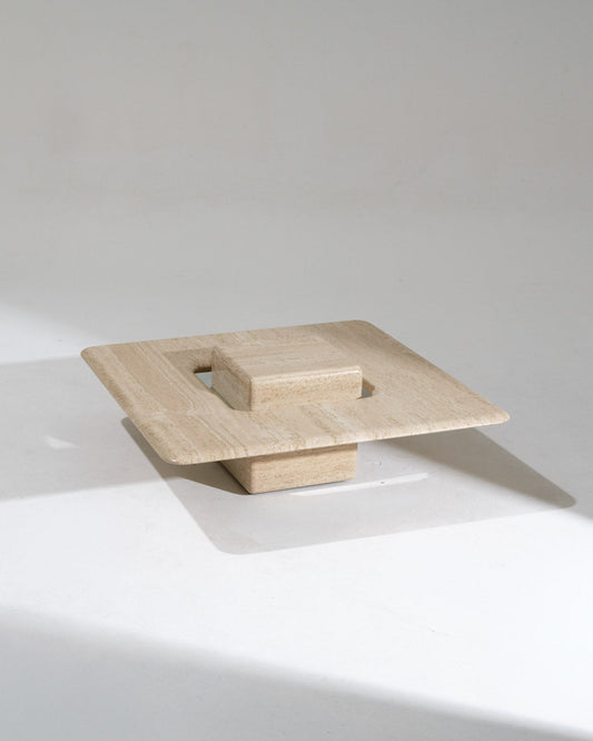 TABLE BASSE CARRÉE SATURNE EN TRAVERTIN, 1980s