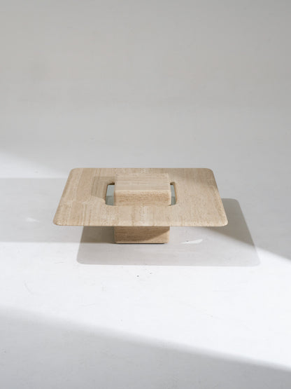 TABLE BASSE CARRÉE SATURNE EN TRAVERTIN, 1980s