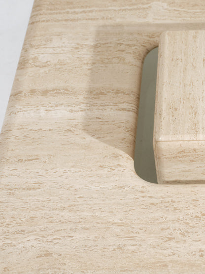 TABLE BASSE CARRÉE SATURNE EN TRAVERTIN, 1980s