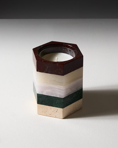 BOUGIE PARFUMÉE EN MARBRE, ONYX ET TRAVERTIN