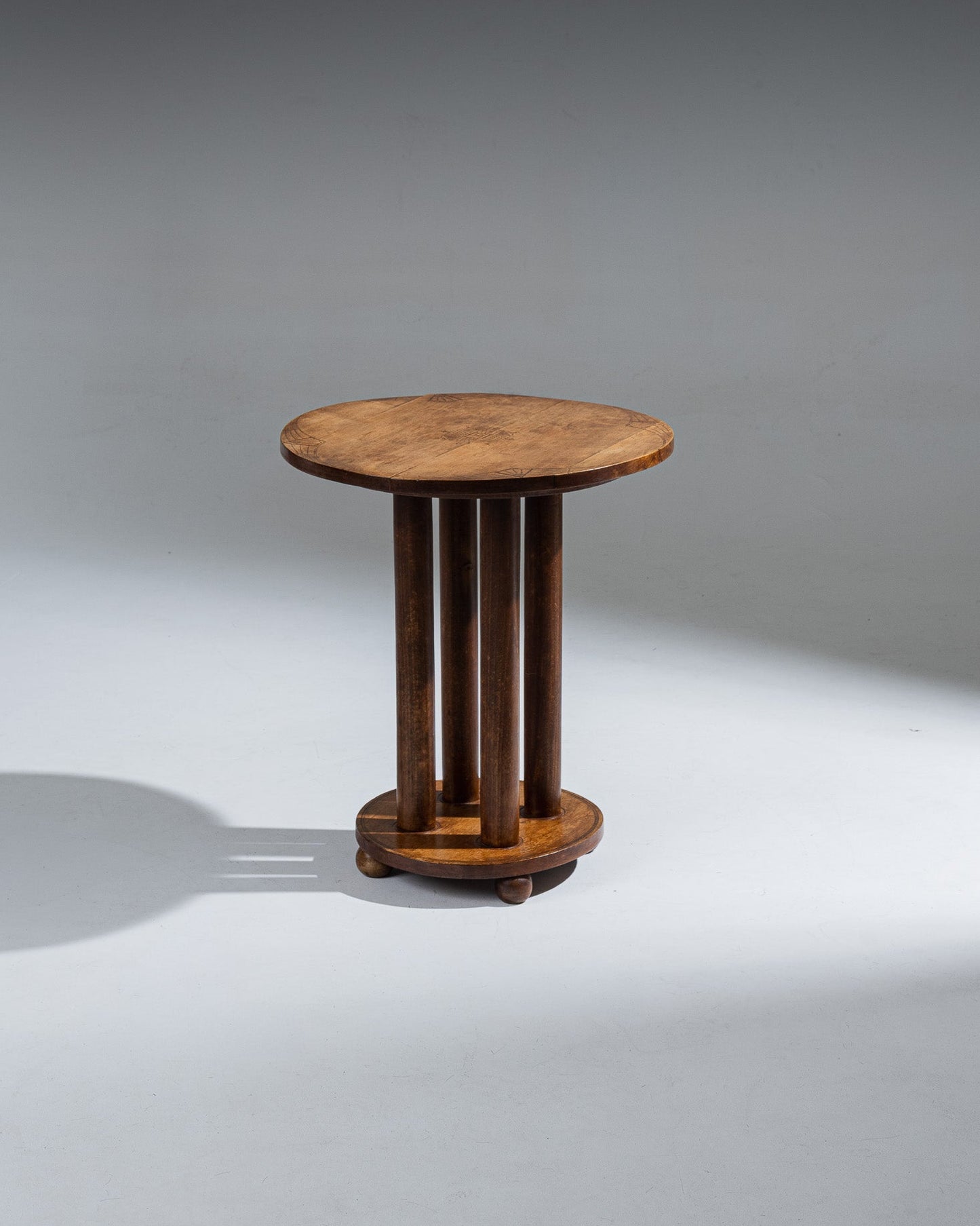 WOODEN SIDE TABLE, ART DECO ENGRAVED DECORATION
