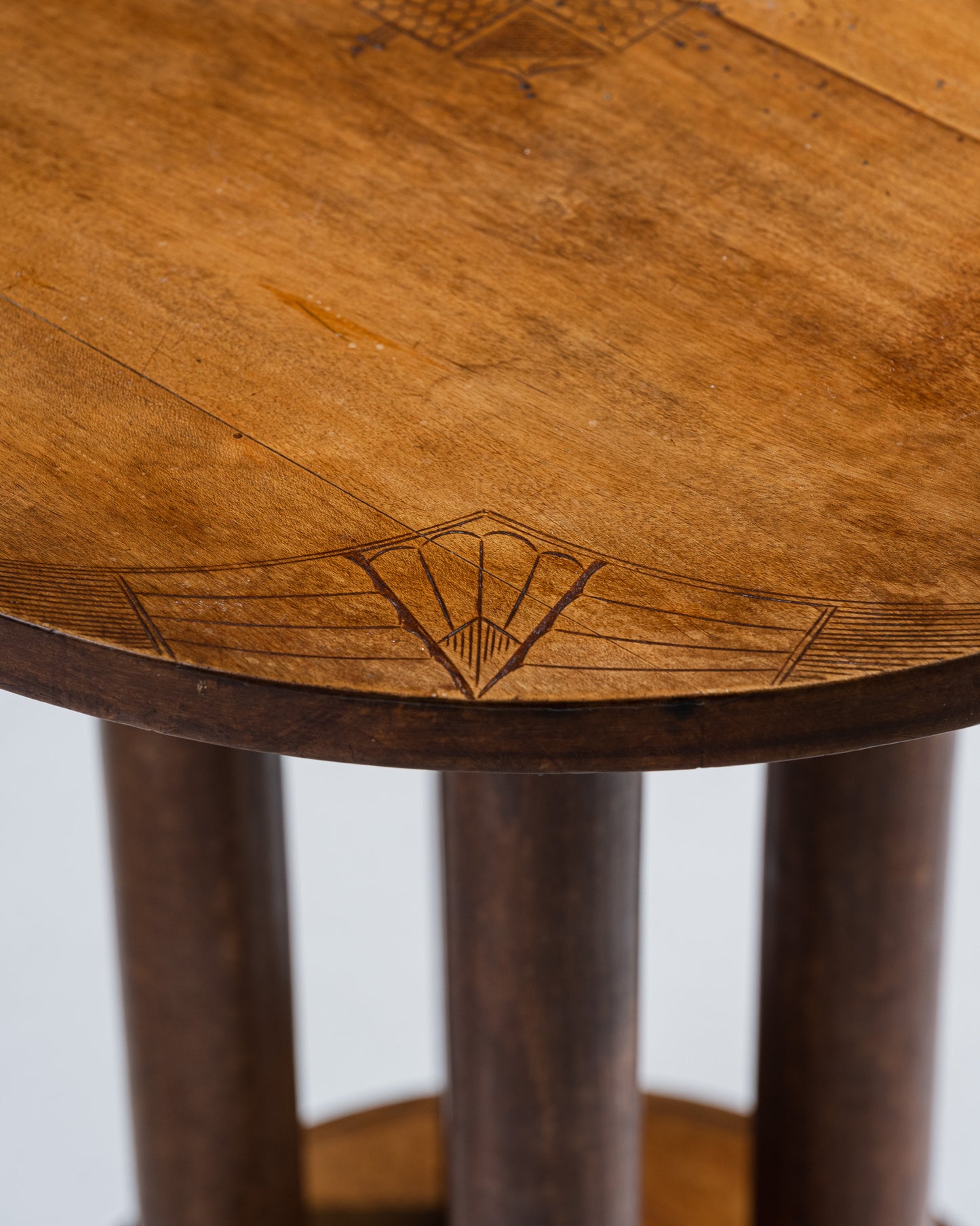 WOODEN SIDE TABLE, ART DECO ENGRAVED DECORATION