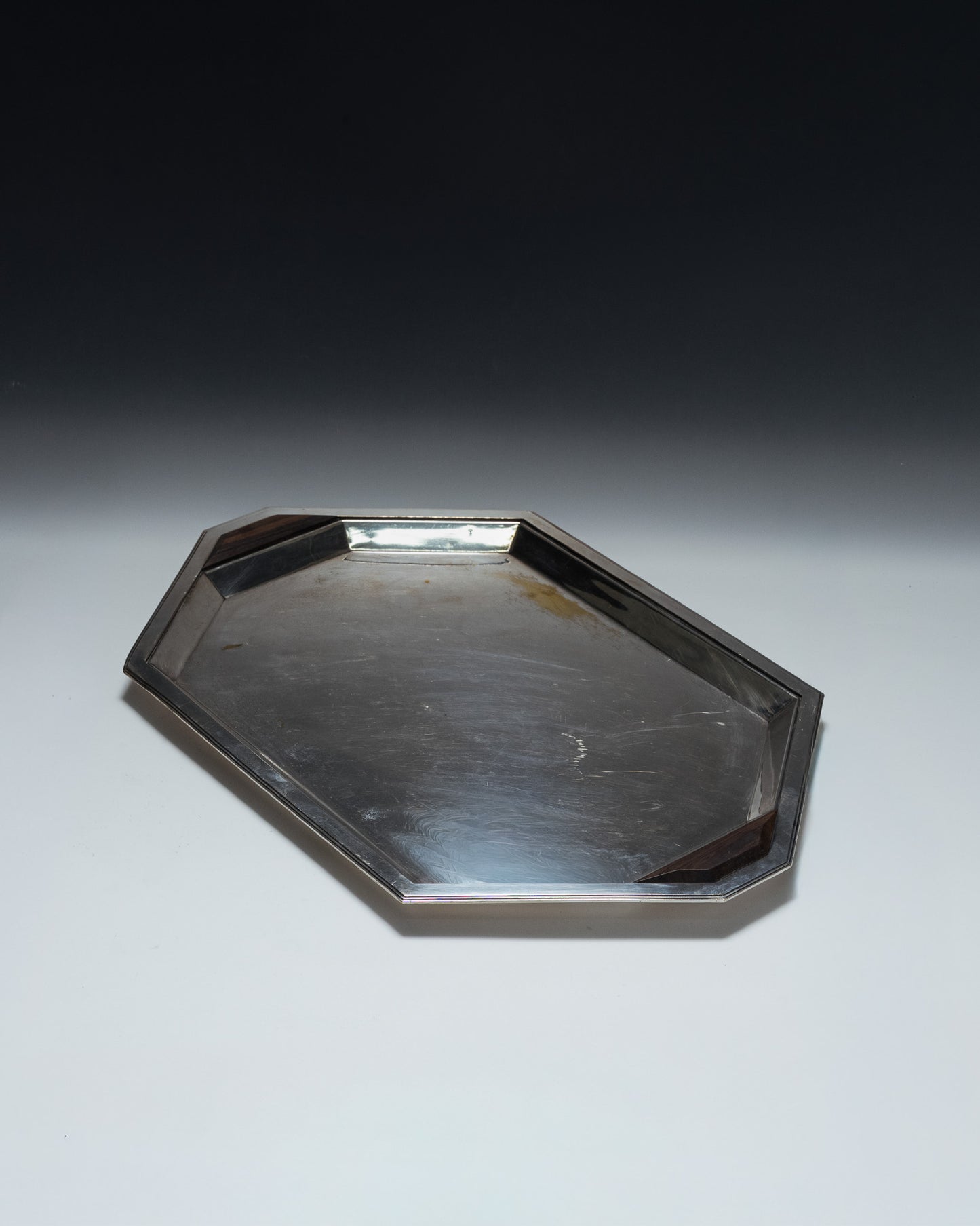 SILVER-PLATED METAL AND ROSEWOOD TRAY, 1930s