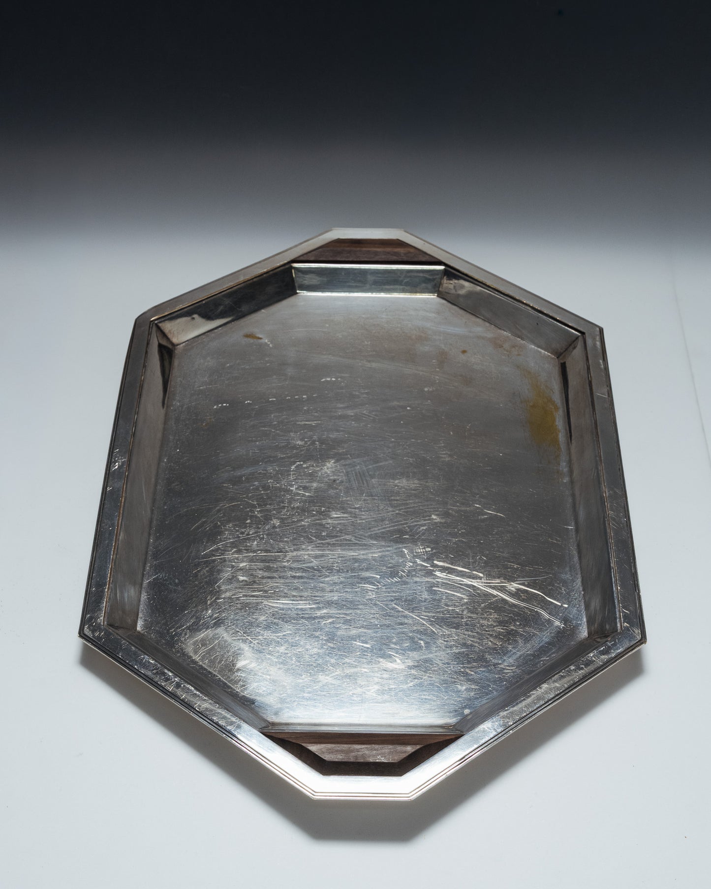 SILVER-PLATED METAL AND ROSEWOOD TRAY, 1930s