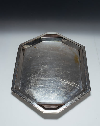 SILVER-PLATED METAL AND ROSEWOOD TRAY, 1930s