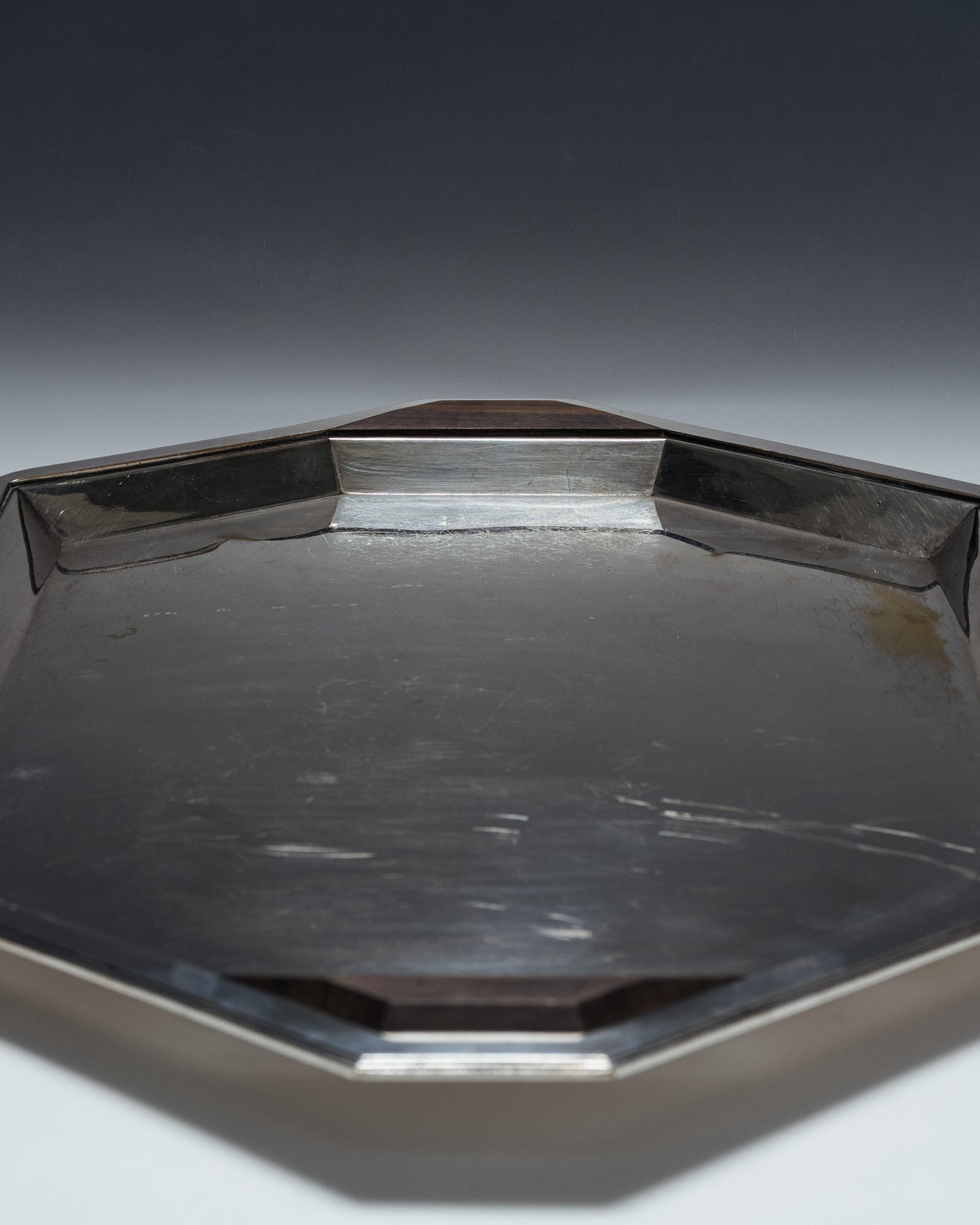 SILVER-PLATED METAL AND ROSEWOOD TRAY, 1930s