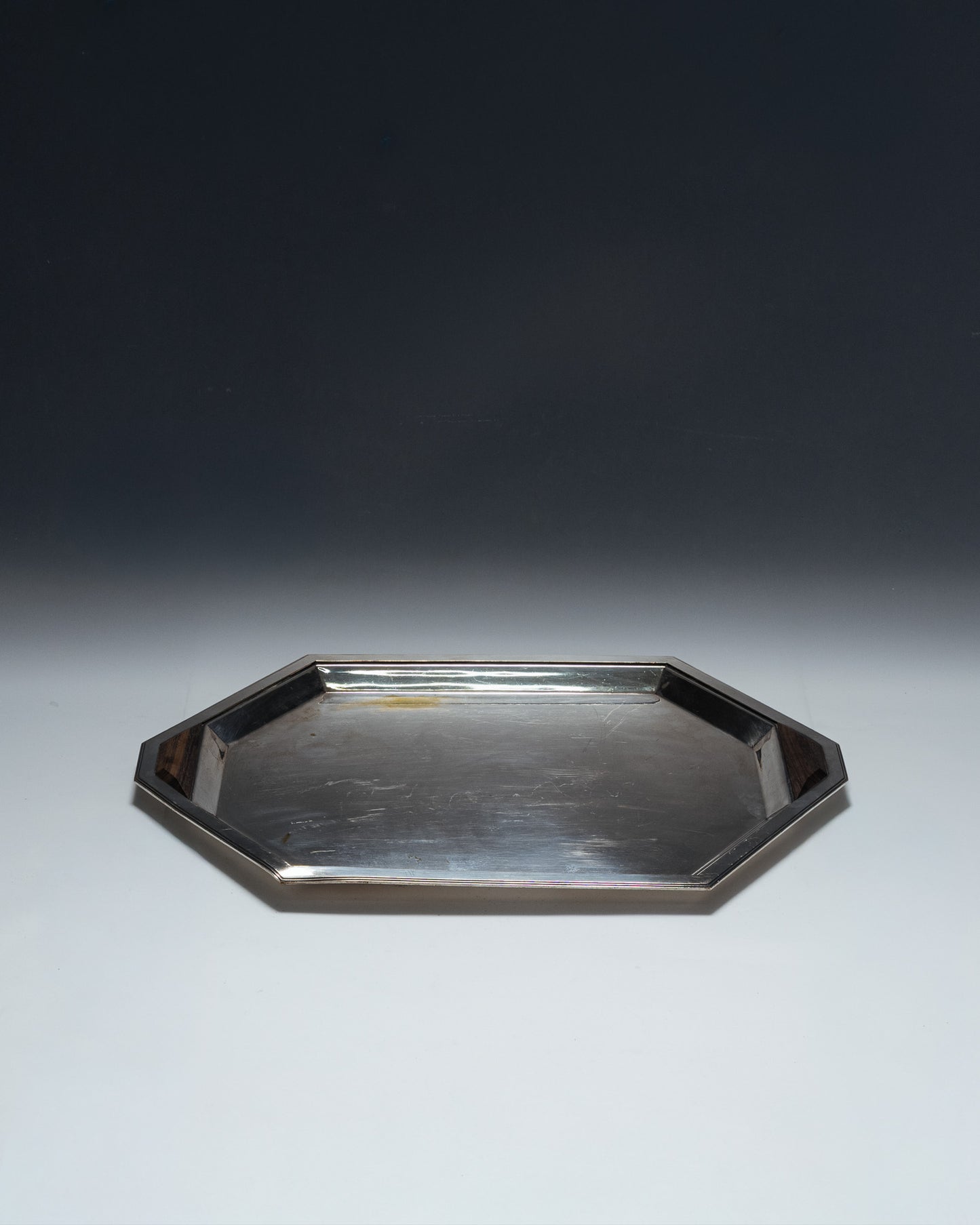 SILVER-PLATED METAL AND ROSEWOOD TRAY, 1930s