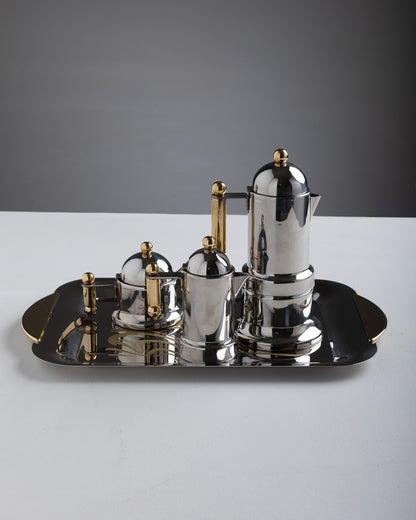 STAINLESS STEEL AND BRASS COFFEE SERVICE, 1980s