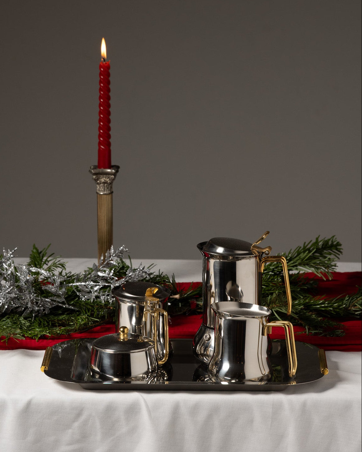 SERVICE À CAFÉ EN INOX ET LAITON, ITALIE, 1980s