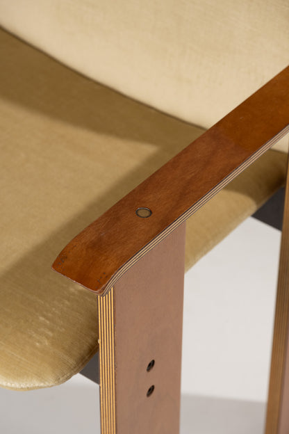 SET OF 4 WOOD AND VELVET CHAIRS, 1970s