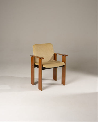 SET OF 4 WOOD AND VELVET CHAIRS, 1970s