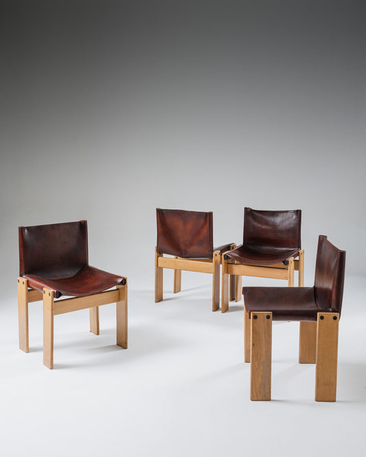 SET OF 4 WOOD AND LEATHER CHAIRS, 1970s