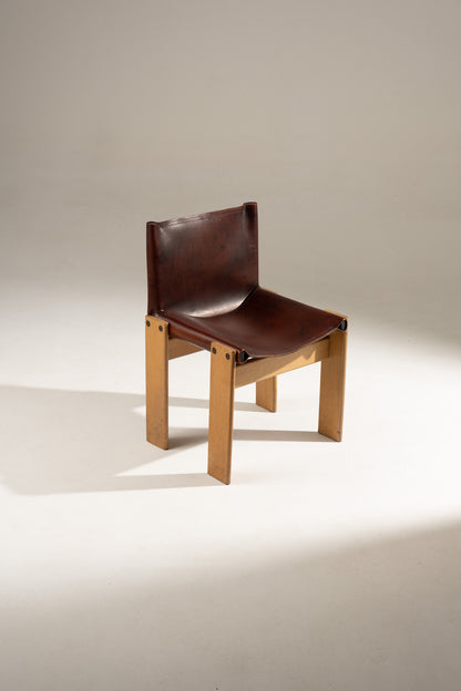 SET OF 4 WOOD AND LEATHER CHAIRS, 1970s