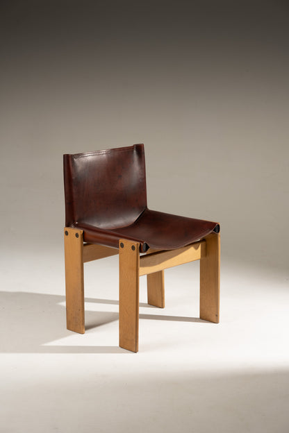 SET OF 4 WOOD AND LEATHER CHAIRS, 1970s