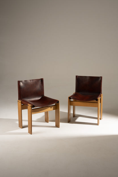 SET OF 4 WOOD AND LEATHER CHAIRS, 1970s