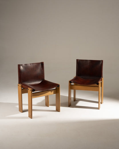 PAIRE DE CHAISES EN BOIS ET CUIR MONK, AFRA & TOBIA SCARPA, 1970s