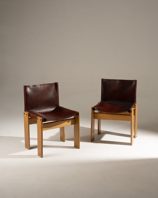 PAIR OF MONK WOOD AND LEATHER CHAIRS, BY AFRA AND TOBIA SCARPA, 1970S