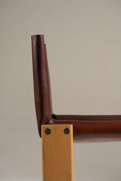 SET OF 4 WOOD AND LEATHER CHAIRS, 1970s