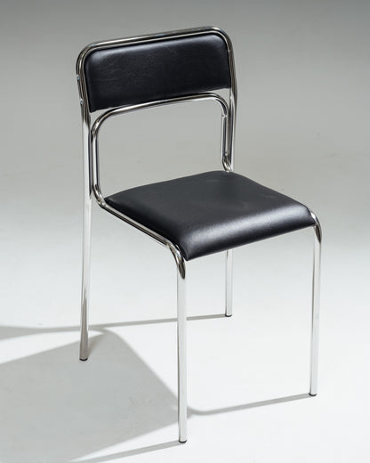 CHAISE EN ACIER TUBULAIRE ET SIMILI CUIR NOIR, 1980s