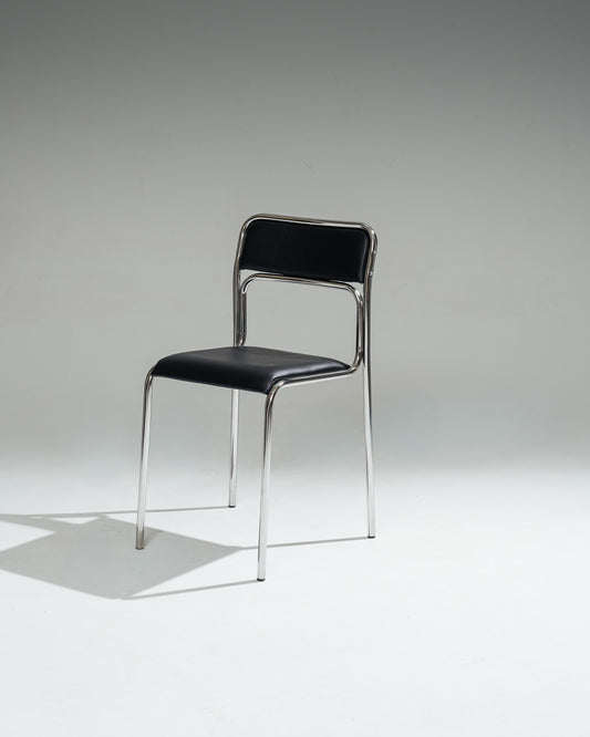 CHAISE EN ACIER TUBULAIRE ET SIMILI CUIR NOIR, 1980s