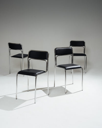 CHAISE EN ACIER TUBULAIRE ET SIMILI CUIR NOIR, 1980s