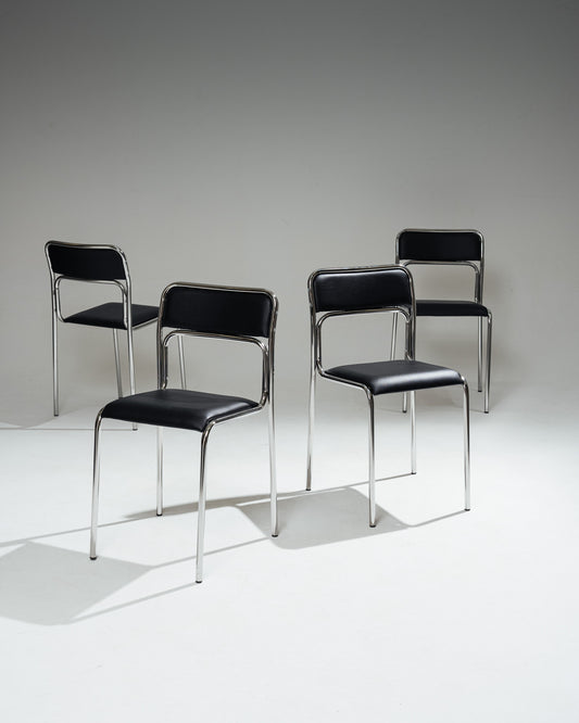 SET DE 4 CHAISES EN ACIER TUBULAIRE ET SIMILI CUIR NOIR, 1980s