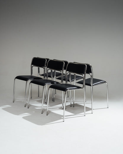 CHAISE EN ACIER TUBULAIRE ET SIMILI CUIR NOIR, 1980s