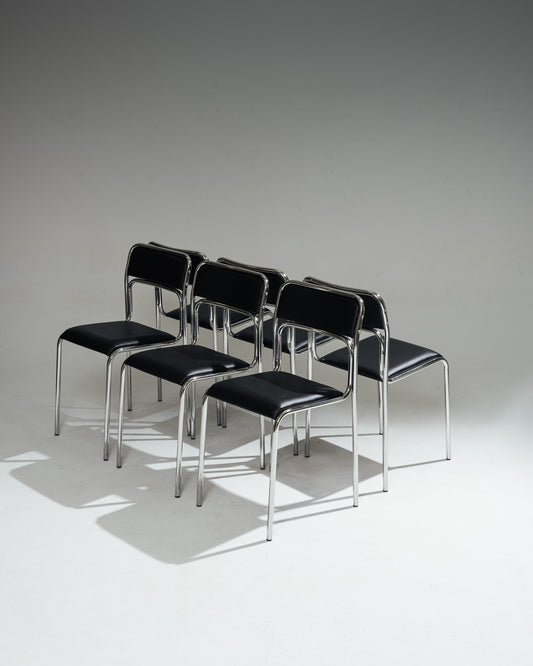 SET DE 6 CHAISES EN ACIER TUBULAIRE ET SIMILI CUIR NOIR, 1980s