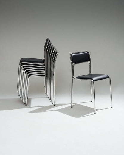 PAIRE DE CHAISES EN ACIER TUBULAIRE ET SIMILI CUIR NOIR, 1980s