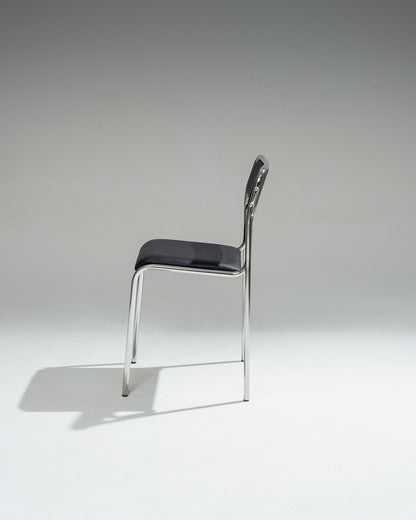 CHAISE EN ACIER TUBULAIRE ET SIMILI CUIR NOIR, 1980s