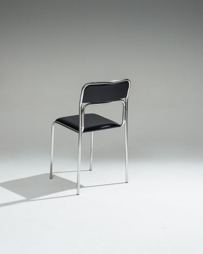 CHAISE EN ACIER TUBULAIRE ET SIMILI CUIR NOIR, 1980s