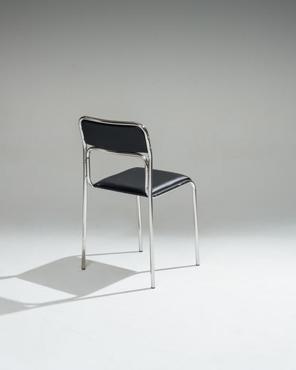 CHAISE EN ACIER TUBULAIRE ET SIMILI CUIR NOIR, 1980s