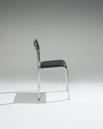 CHAISE EN ACIER TUBULAIRE ET SIMILI CUIR NOIR, 1980s