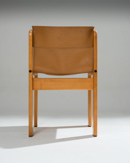 SET OF 4 SADDLE LEATHER AND BEECHWOOD CHAIRS, IBISCO SEDIE, 1970s