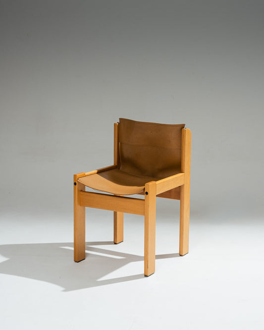 CHAISE EN CUIR DE SELLE ET BOIS DE HÊTRE, IBISCO SEDIE, 1970s