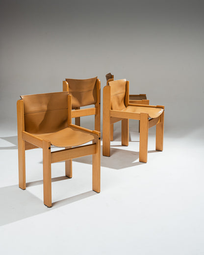 PAIR OF SADDLE LEATHER AND BEECHWOOD CHAIRS, IBISCO SEDIE, 1970s