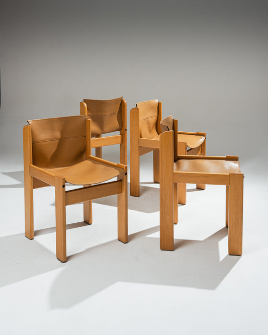 SET OF 4 SADDLE LEATHER AND BEECHWOOD CHAIRS, IBISCO SEDIE, 1970s