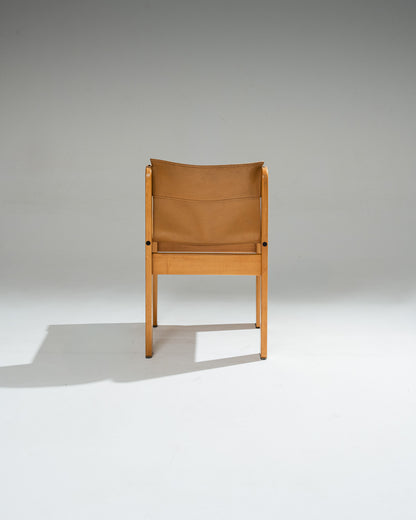 SET OF 4 SADDLE LEATHER AND BEECHWOOD CHAIRS, IBISCO SEDIE, 1970s