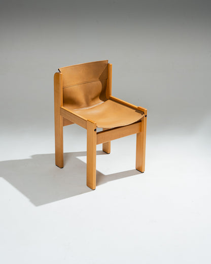 SET OF 4 SADDLE LEATHER AND BEECHWOOD CHAIRS, IBISCO SEDIE, 1970s