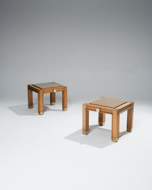 PAIRE DE TABLES DE CHEVET EN MARBRE ET BOIS, 1980s