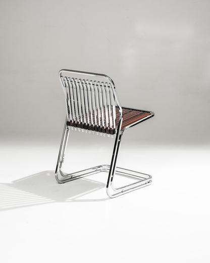 CANTILEVER CHAIR IN CHROME-PLATED STEEL AND WOOD, 1970s