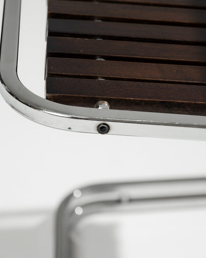 CANTILEVER CHAIR IN CHROME-PLATED STEEL AND WOOD, 1970s
