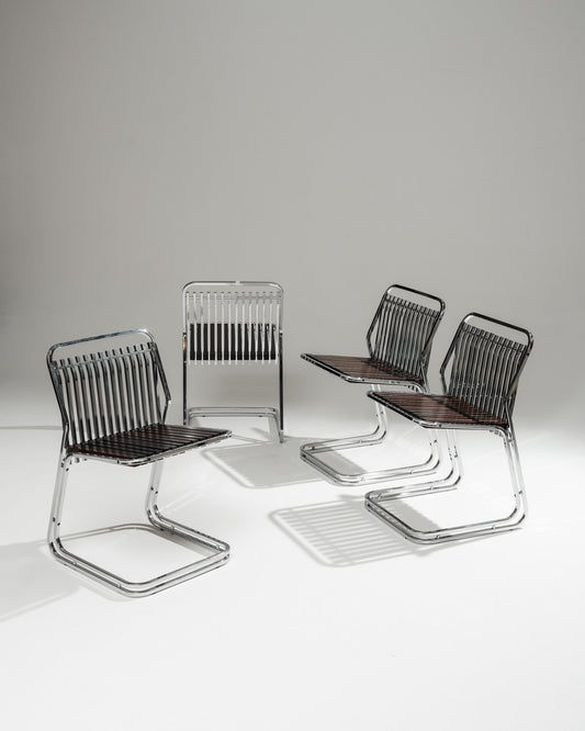 SET OF 4 CHROME STEEL AND WOOD CANTILEVER CHAIRS, 1970s