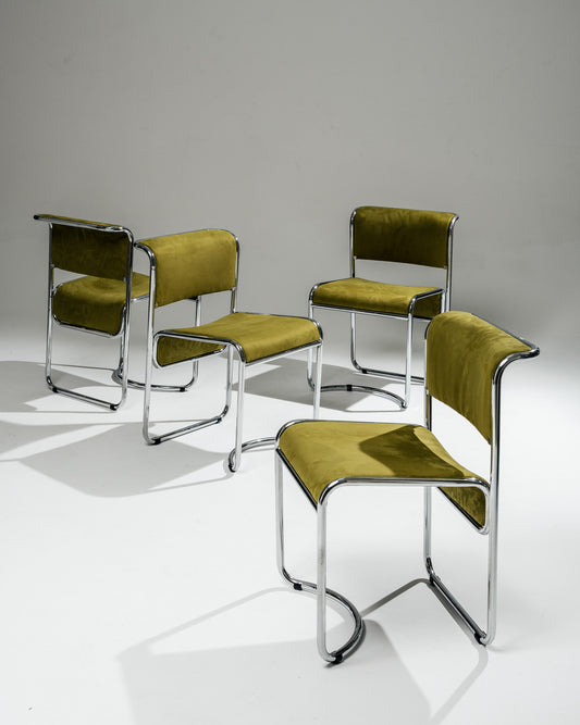 SET DE 4 CHAISES EN TISSU ET ACIER CHROMÉ, 1970s