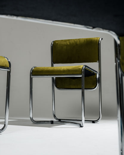SET DE 4 CHAISES EN TISSU ET ACIER CHROMÉ, 1970s